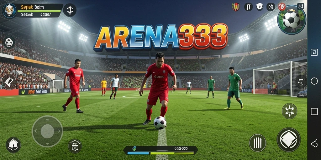 Screenshot gameplay ARENA333 menampilkan aksi pertandingan sepak bola yang seru.