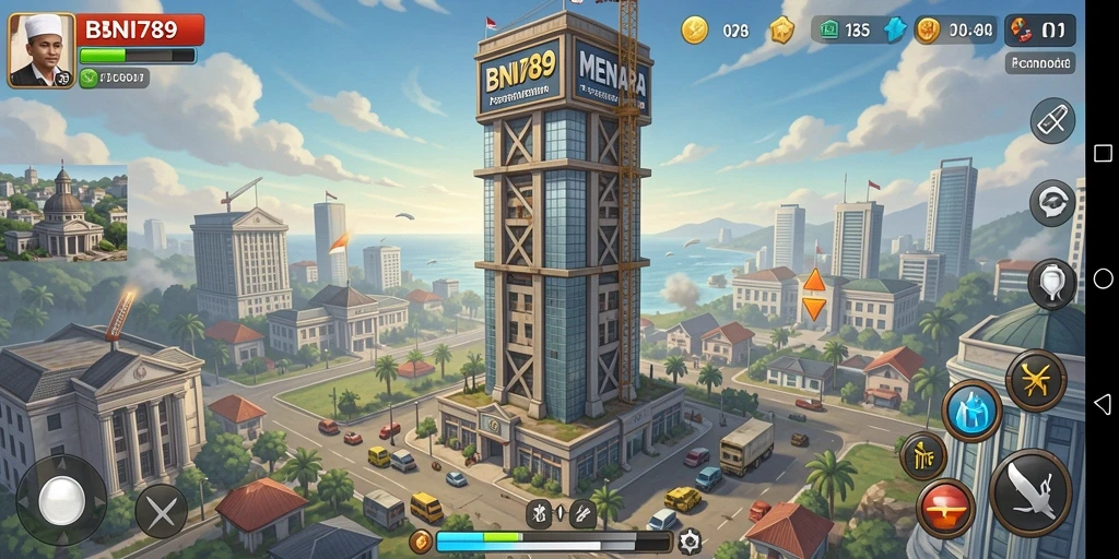 Tampilan gameplay BNI789 dengan menara pertahanan yang beragam.