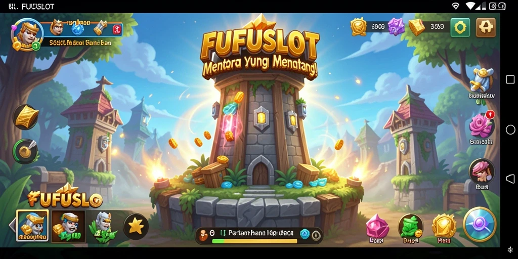 Screenshot gameplay FUFUSLOT menampilkan pertahanan menara yang intens.