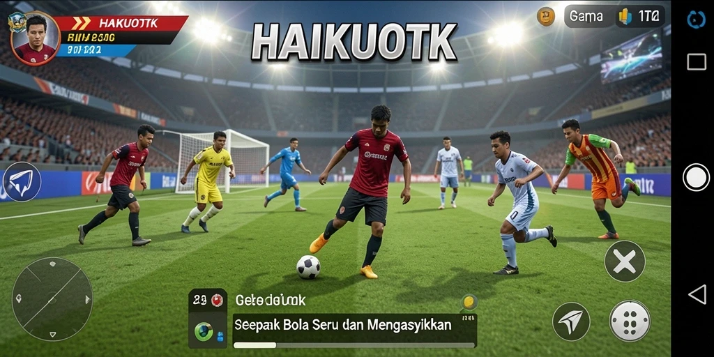 Tampilan utama gameplay HAIKUOTK dengan aksi sepak bola yang seru.