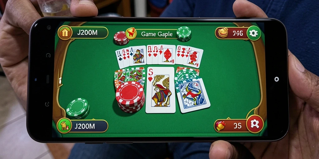 Screenshot J200M menampilkan pemain asyik bermain Gaple bersama teman.