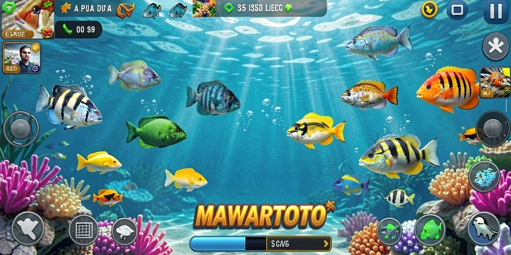 Tangkapan layar menunjukkan gameplay seru dalam MAWARTOTO dengan ikan berwarna-warni.