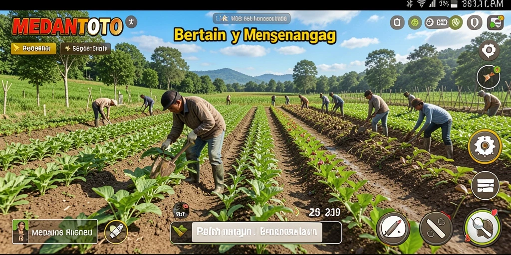 Tampilan gameplay MEDANTOTO dengan petani yang sedang merawat tanaman di ladang.