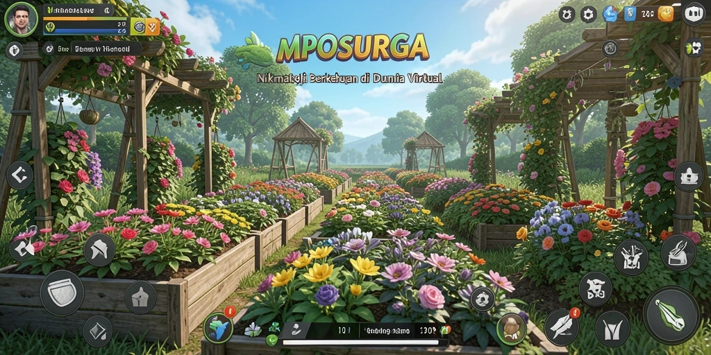 Tampilan gameplay MPOSURGA yang menampilkan kebun yang indah dan interaksi pemain.