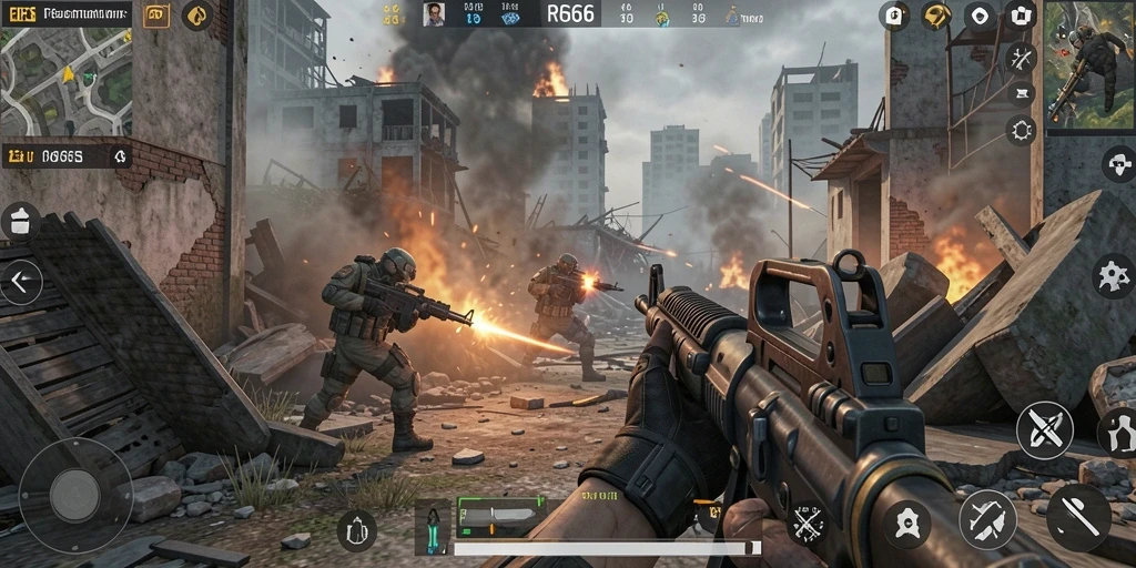 Tampilan gameplay mendebarkan dalam pertarungan FPS yang intens.