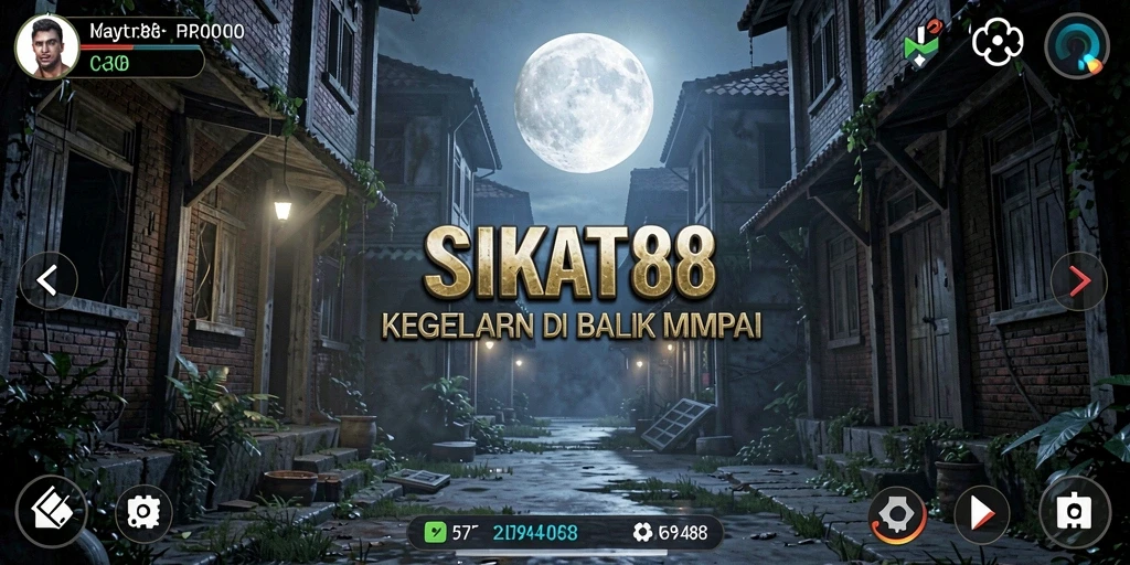 Tampilan gameplay menegangkan SIKAT88 dengan suasana horor yang mencekam.