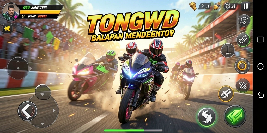 Tampilan gameplay TONGWD dengan aksi balapan motor yang seru.